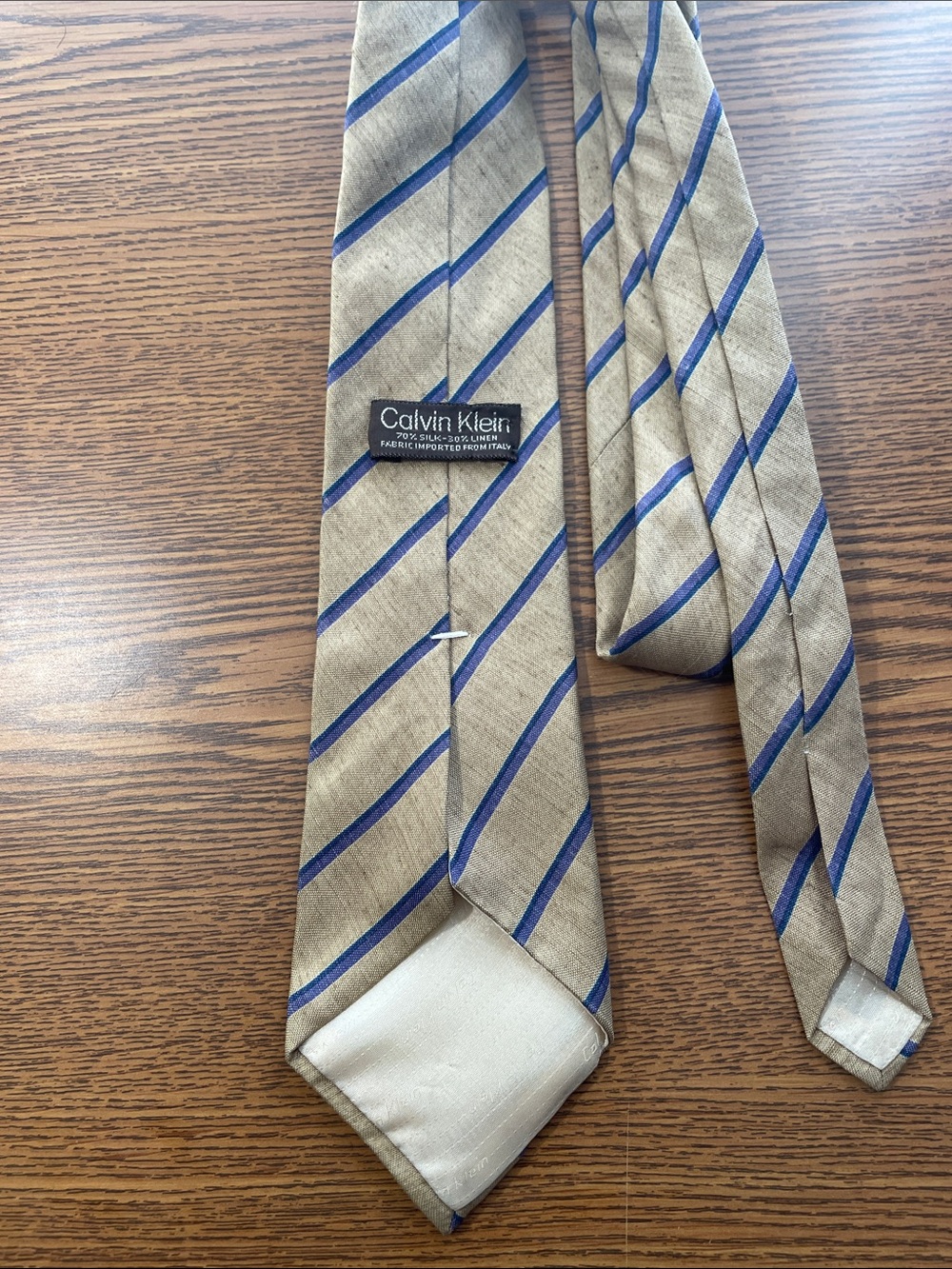 Calvin Klein Beige Tie with Blue Diagonal Stripes, length 56 inches wide 3.5inch
